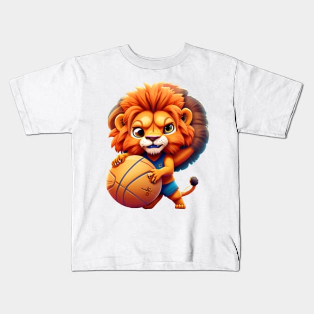 Cute Cartoon Lion Playing Basketball Kids T-Shirt by The Print Palace